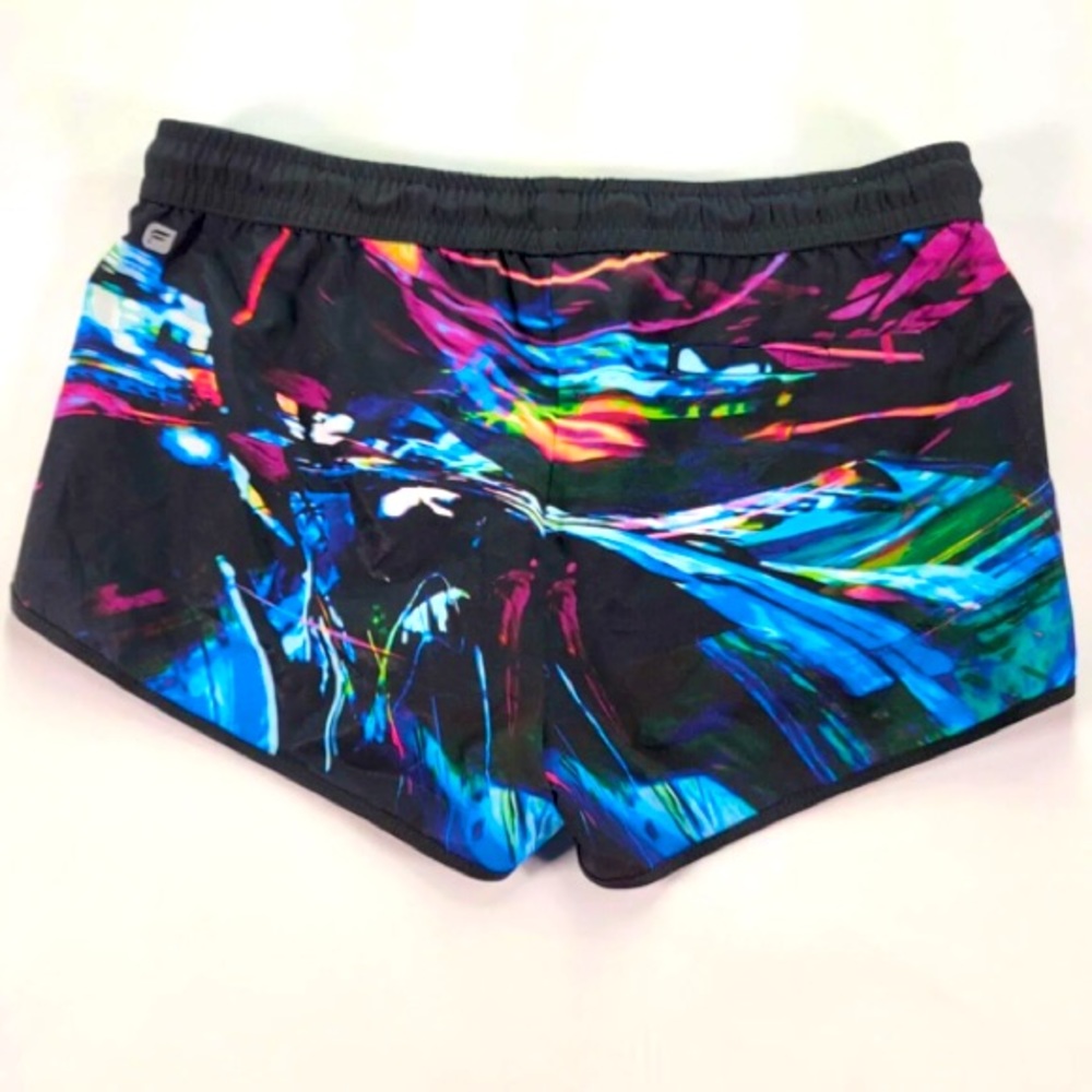 Fabletics Marble Rainbow Print Black Athletic Running Shorts Tie Waist M